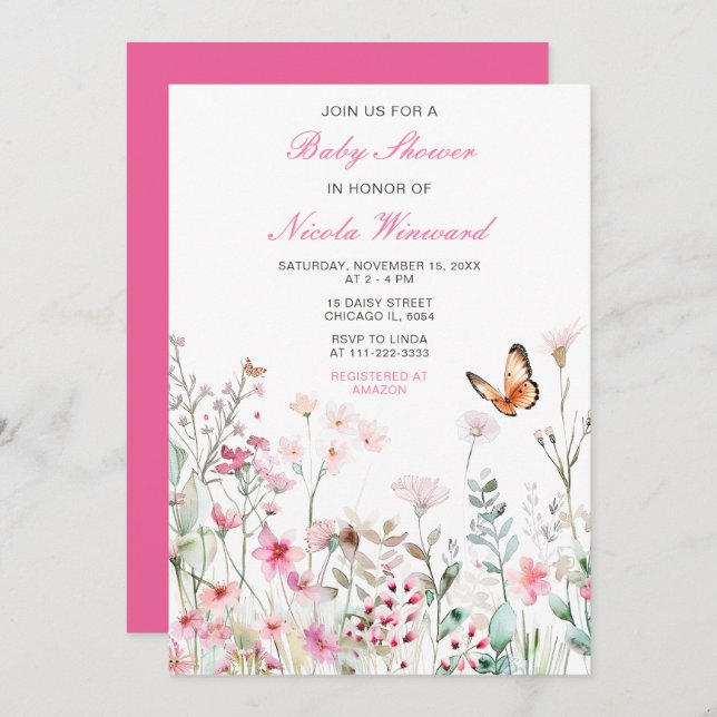 Spring Deep pink Butterfly Floral Baby Shower Invitation (Front/Back)