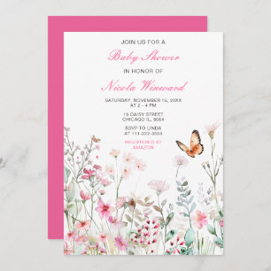 Spring Deep pink Butterfly Floral Baby Shower Invitation