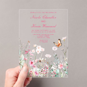 Spring Deep Pink Butterfly Floral Wedding Acrylic Invitations