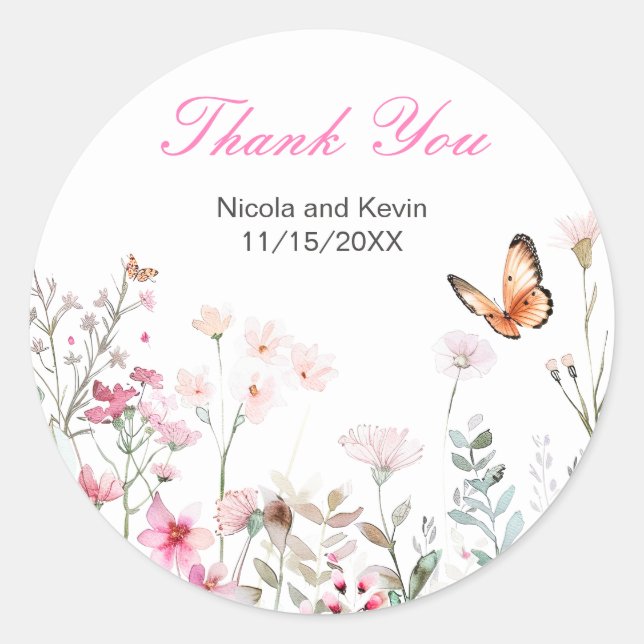 Spring Deep Pink,Butterfly Floral Wedding Classic Round Sticker (Front)