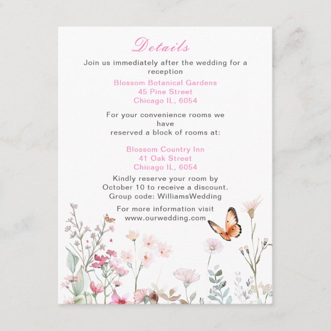 Spring Deep Pink Butterfly Floral Wedding Enclosure Card (Front)