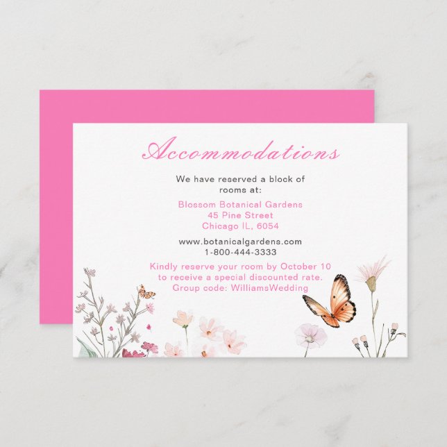 Spring Deep Pink Butterfly Floral Wedding Enclosure Card (Front/Back)