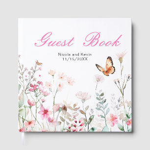 Spring Deep Pink Butterfly Floral Wedding Guest Book