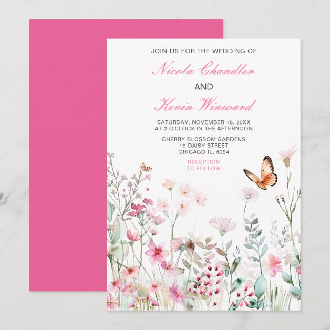 Spring Deep Pink Butterfly Floral Wedding Invitation (Front/Back)