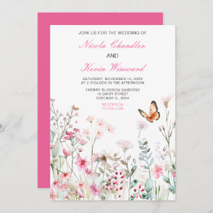 Spring Deep Pink Butterfly Floral Wedding Invitation