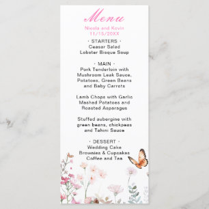 Spring Deep Pink Butterfly Floral Wedding Menu