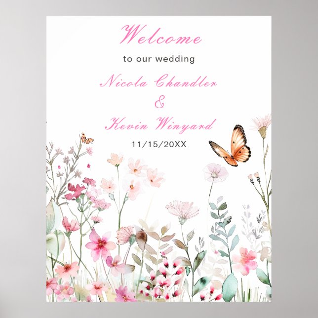 Spring Deep Pink Butterfly Floral Wedding Poster (Front)