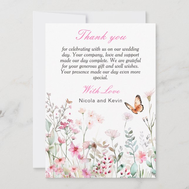 Spring Deep Pink,Butterfly Floral Wedding Thank You Card (Front)