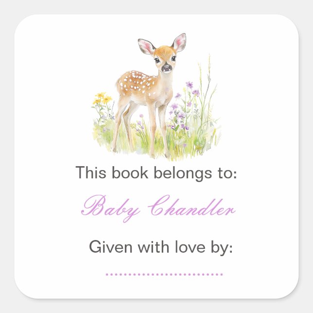 Spring Deer Baby Shower Bookplate Square Sticker (Front)