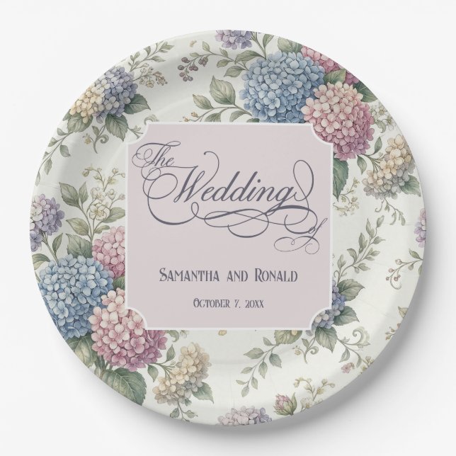 Spring Delicate Hydrangea Flowers Wedding Paper Plate (Front)