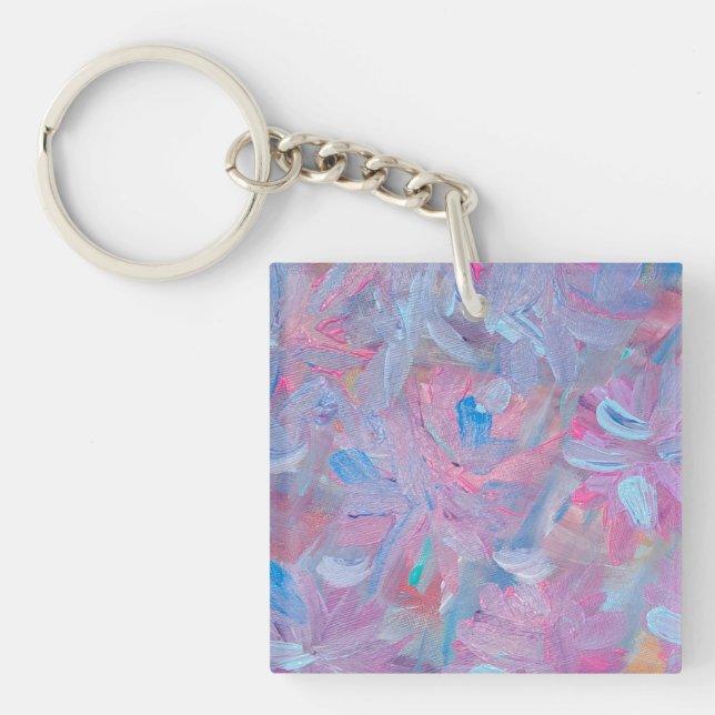 Spring Dream Floral Acrylic Square Key Chain. Key Ring (Front)