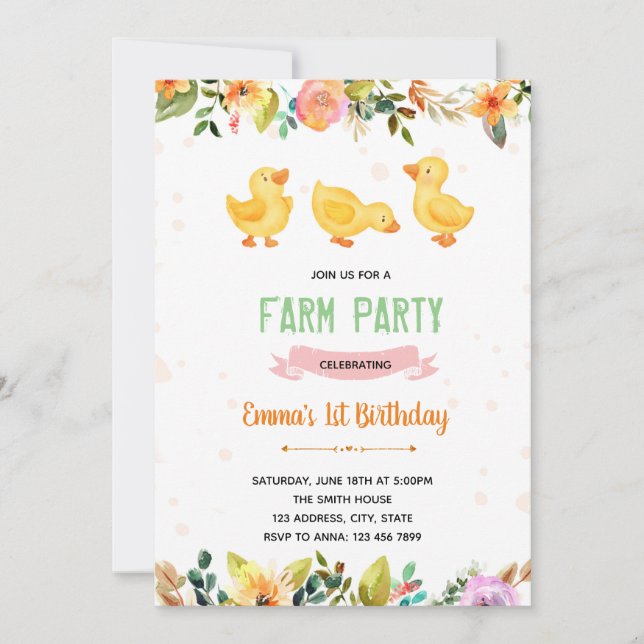 Spring duck party birthday invitation (Front)