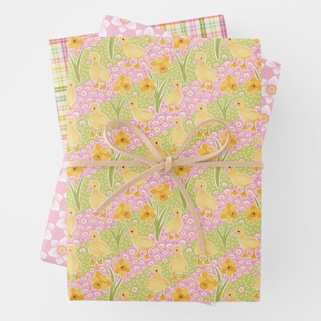 Spring Duckling, Plaid, and Daffodil Set of Three Wrapping Paper Sheet (In situ)