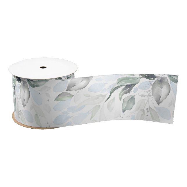Spring Dusty Blue Greenery Foliage Elegant White Satin Ribbon (Spool)