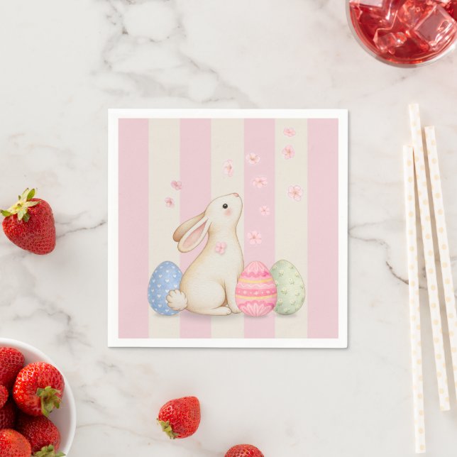 Spring Easter Bunny & Eggs Stripe Napkins (Insitu)