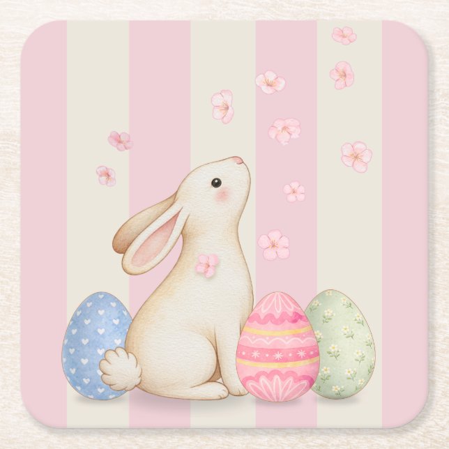Spring Easter Bunny & Eggs Stripe  Square Paper Coaster (Front)