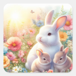 Spring Easter Bunny Family Floral Garden Square Sticker