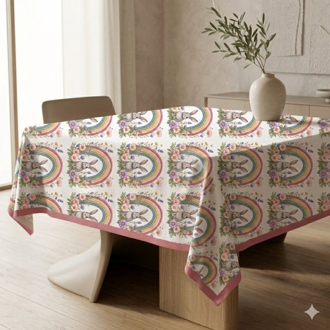 Spring Easter Bunny Rainbow Art Wildflowers Meadow Tablecloth (Spring Easter Bunny Rainbow Art Wildflowers Meadow Tablecloth)