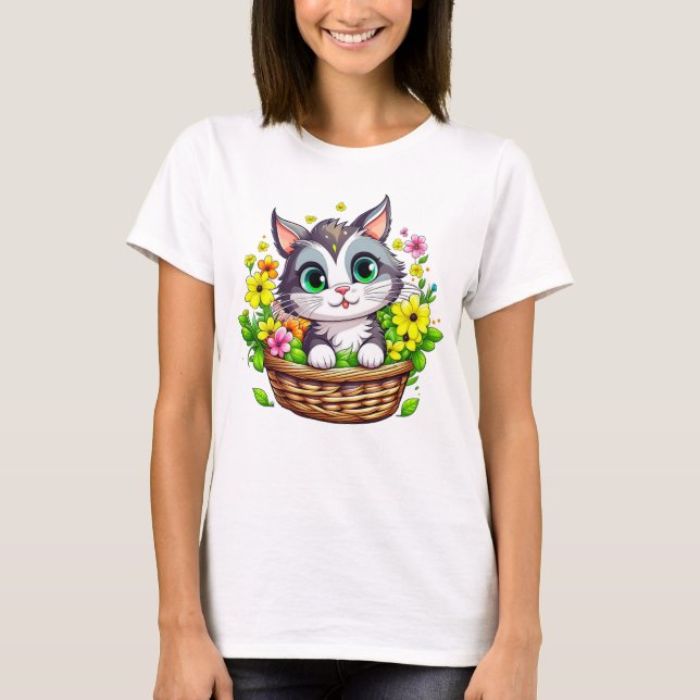 Spring Easter Cute Cat in Flowers T-Shirt (Front)