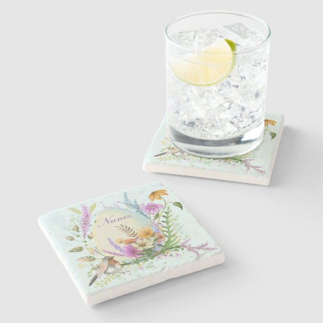 Spring Easter Egg Bird Flowers Floral  Stone Coaster (Side)
