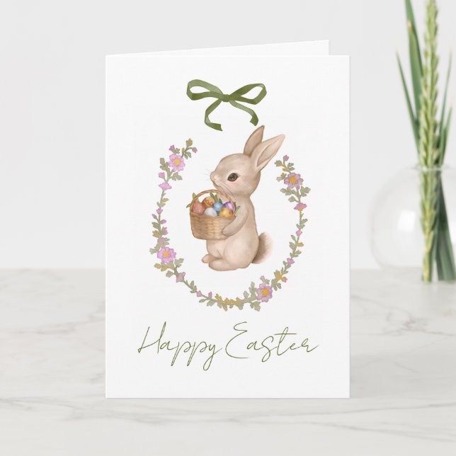 Spring Easter Floral Egg Bunny Holiday Card (Front)