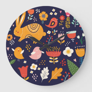 Spring Easter: flowers, bunnies collection Large Clock