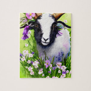 Spring Easter Goat Kid Floral Watercolor Jigsaw Puzzle