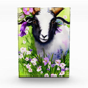 Spring Easter Goat Kid Floral Watercolor Photo Block