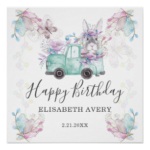Spring Easter Happy Birthday Truck Bunny Poster