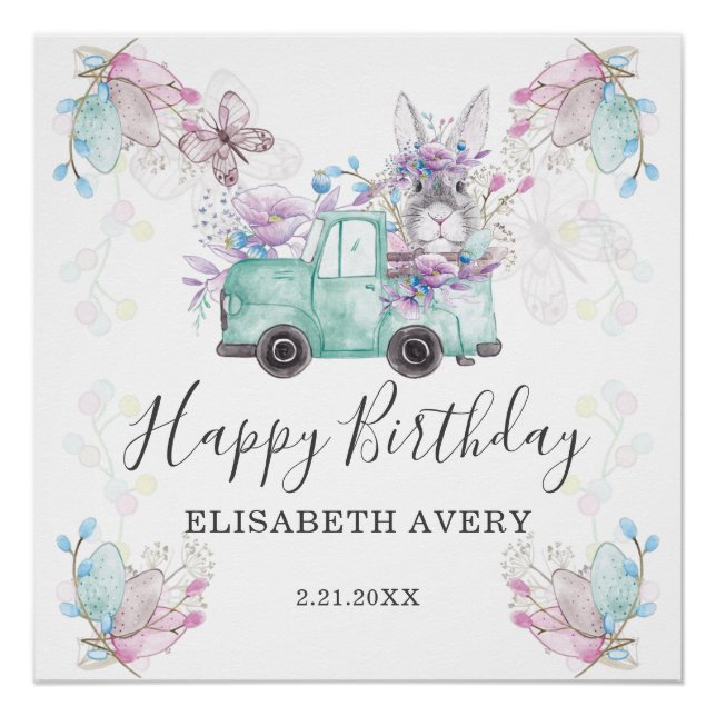 Spring Easter Happy Birthday Truck Bunny Poster (Front)