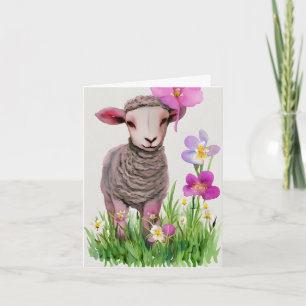 Spring Easter Lamb and Flowers Watercolor Card