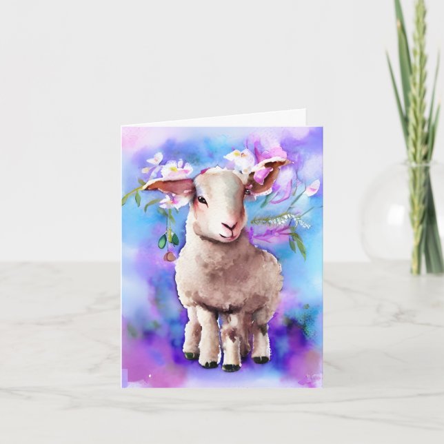 Spring Easter Lamb Floral Watercolor Card (Front)