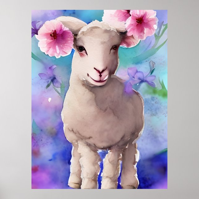Spring Easter Lamb Floral Watercolor Poster (Front)