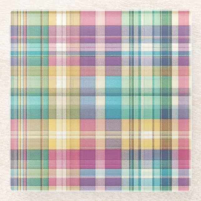 Spring/Easter pastel plaid/tartan  Glass Coaster (Front)