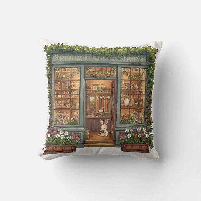 Spring Easter Shop with Cute Reading Bunny Pillow (Front)