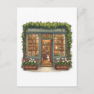 Spring Easter Shop with Cute Reading Bunny Postcard