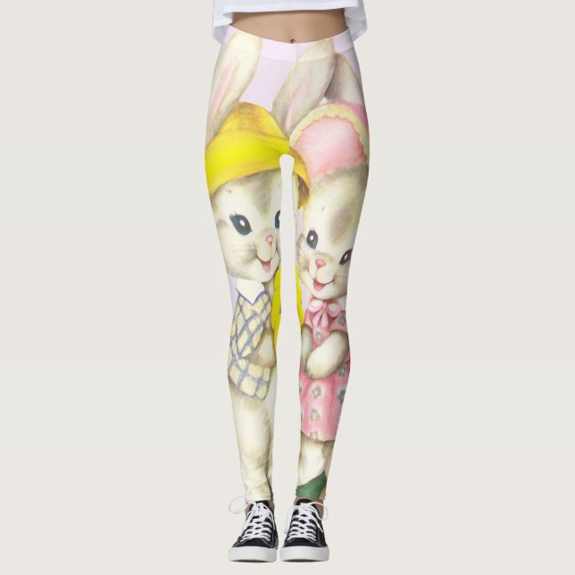 Spring Easter Vintage Bunny Rabbit Leggings (Front)