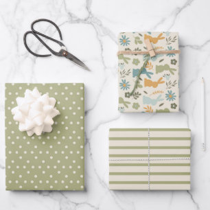 Spring Elegance Champagne & Green Bunny set of 3 Wrapping Paper Sheet