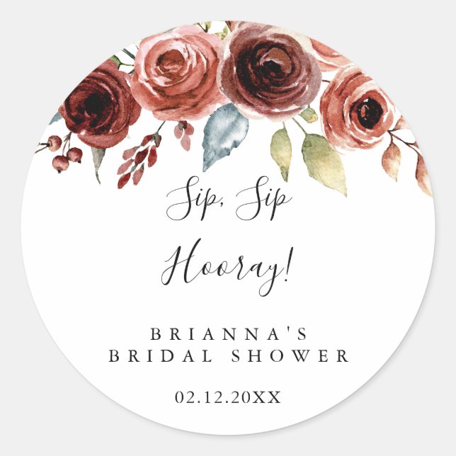 Spring Elegant Floral Sip Sip Hooray Bridal Shower Classic Round Sticker (Front)
