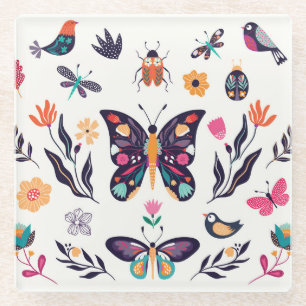 Spring Elements Butterflies Birds Flowers Glass Coaster