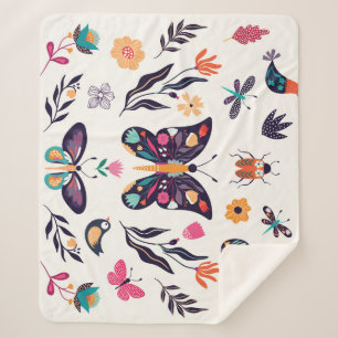 Spring Elements Butterflies Birds Flowers Sherpa Blanket