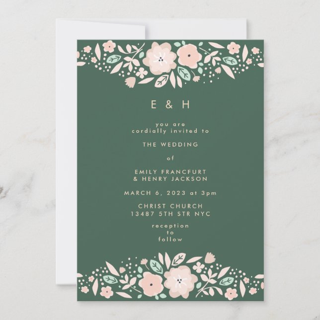 Spring Emerald Green Boho Small Florals Wedding Invitation (Front)