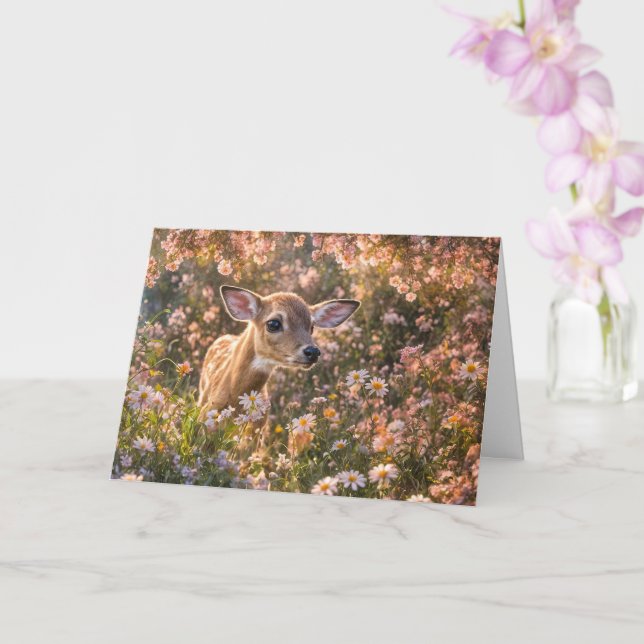 Spring Equinox Baby Deer Fawn Wildlife in Flowers Card (Orchid)