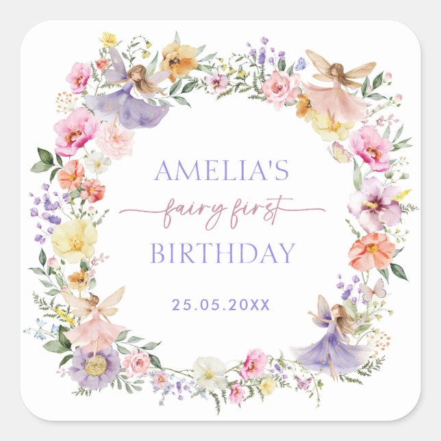Spring Fairy Colourful Flowers 1st Birthday Party Square Sticker (Front)