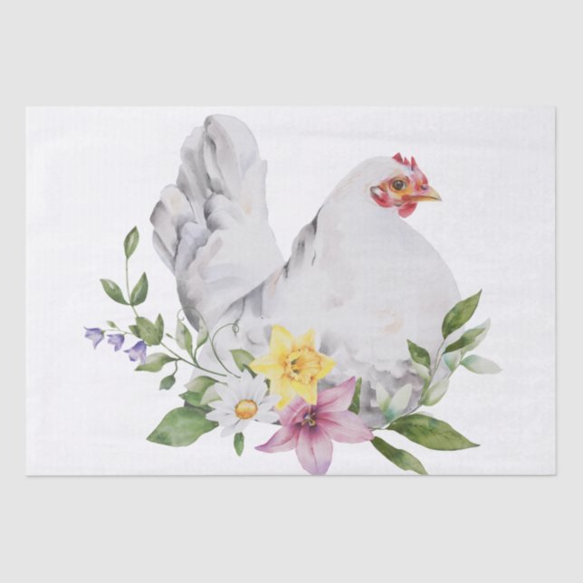 Spring Farm Hen Floral Watercolor Tissue Paper (Front)