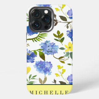 Spring Feminine Yellow and Blue flowes monogram iPhone 13 Pro Case