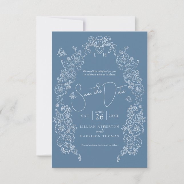 Spring Fleur de lis art blue white photo wedding  Save The Date (Front)