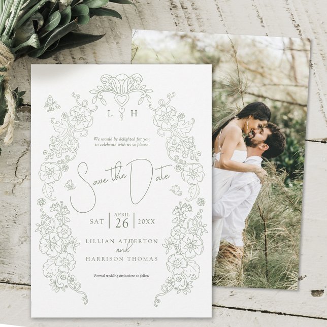 Spring Fleur de Lis sage green border art Save The Date (Creator Uploaded)