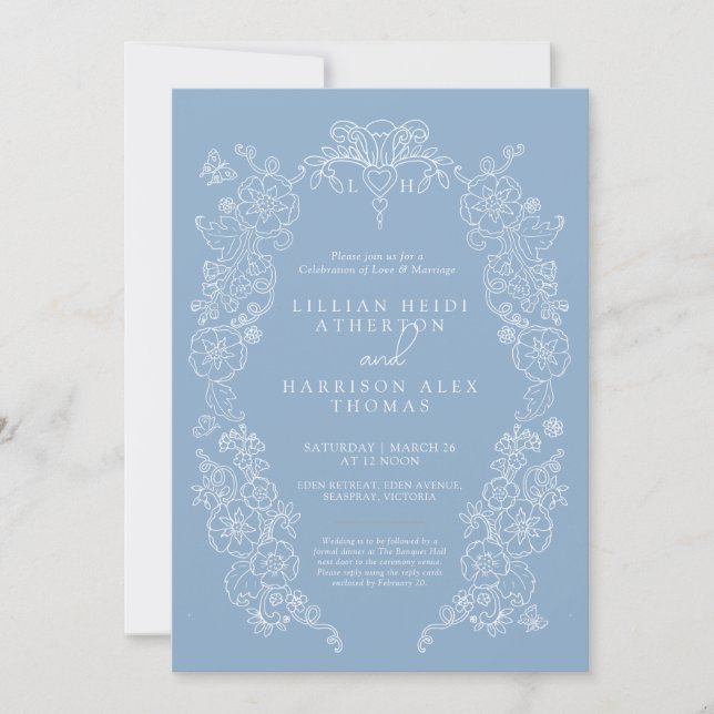 Spring Fleur de lis wedding dusty blue white Invitation (Front)