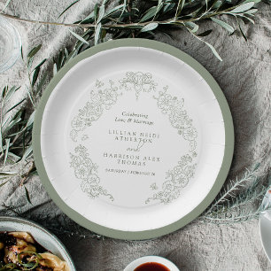 Spring Fleur de lis wedding sage green white Paper Plate
